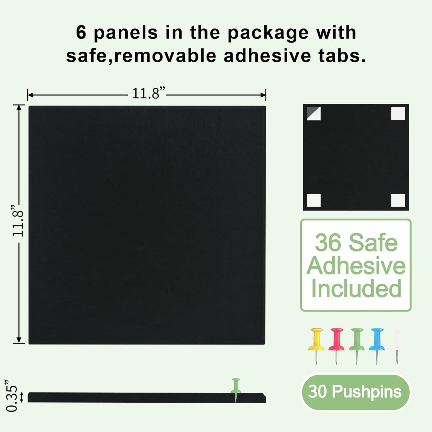 Large Cork Board for Wall 6 Pack, Bulletin Board 36" X 24", Felt Board Wall Tiles with 72 Damage-Free Removable Pads & Push Pins, Alternative Pin Board Cork Board for Office Home, Black