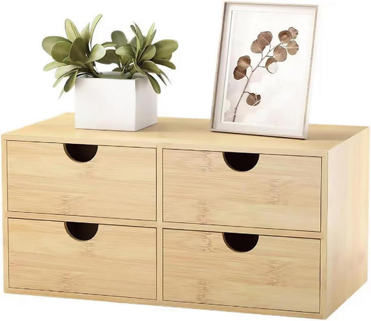 Bamboo Desk Organizer with 4 Drawers – Countertop Storage Box for Makeup, Office Supplies, and Home Essentials – Stylish Tabletop Organizer for Workspace or Bathroom