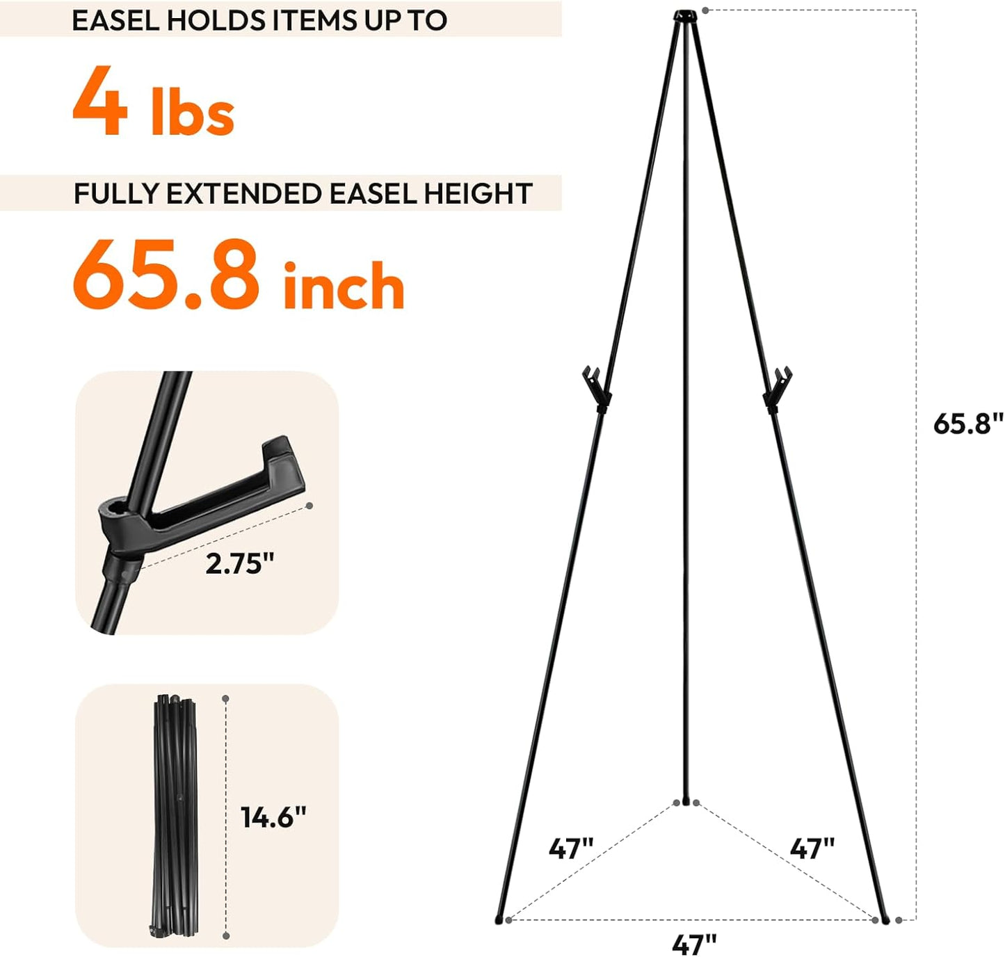 6PCS Black Easel Stand for Wedding Sign Stand, 66 Inch Adjustable Metal Easels for Display, Portable Folding Easel for Wedding, Display Show, Arts, Poster with Portable Bags