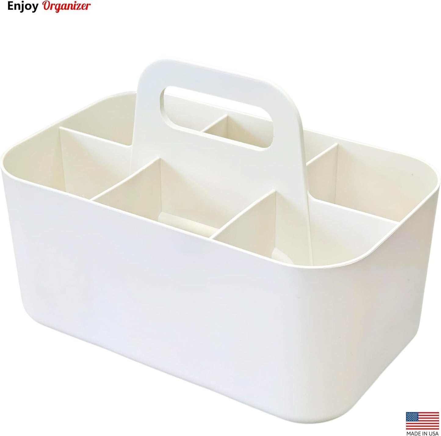 Small Stackable Plastic Caddy with Handle 6 Compartment | Desk, Makeup, Dorm Caddy, Classroom Art Organizers - 4 Pack, Made In USA (Ivory)