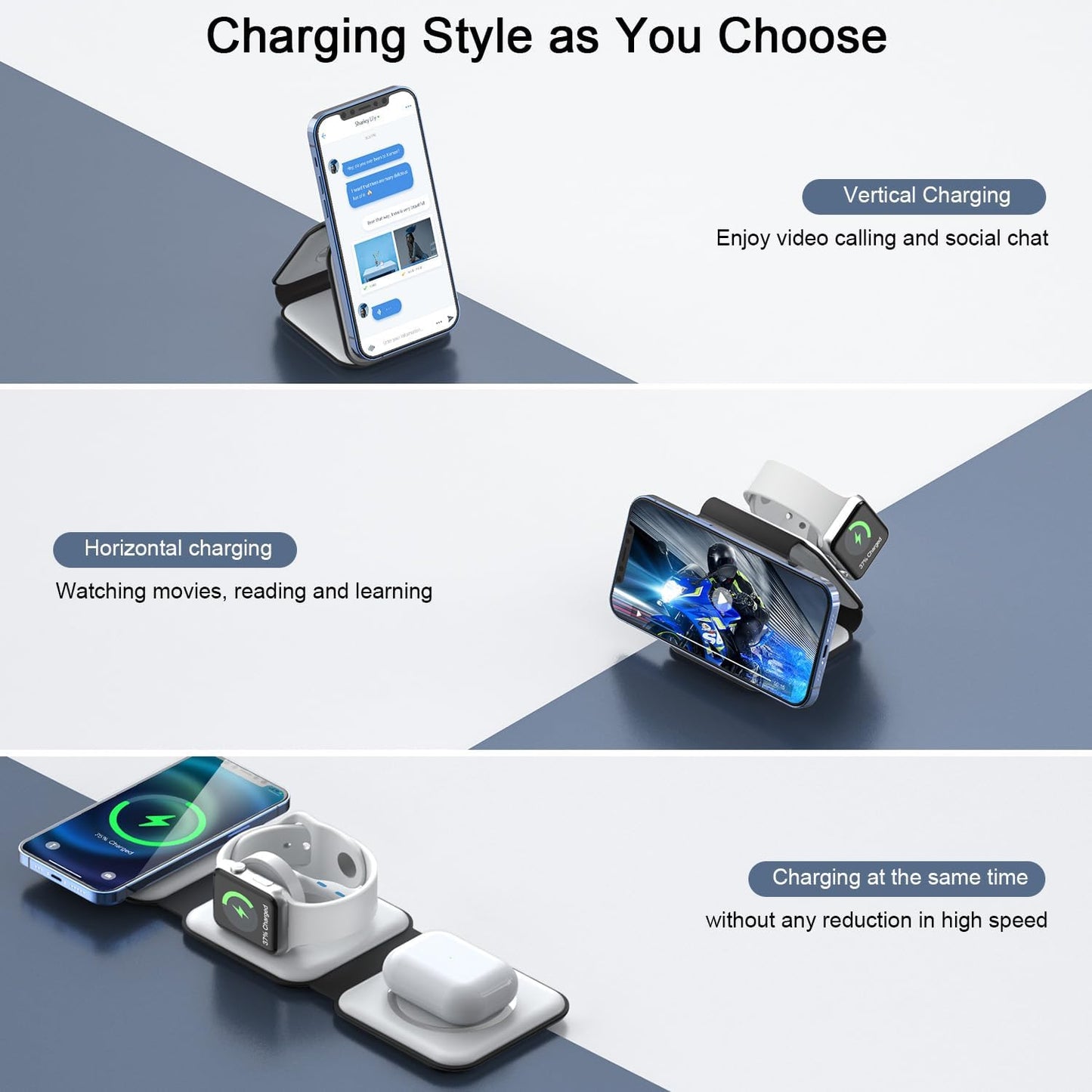 Wireless Charger 3 in 1,RTOPS Magnetic Travel Wireless Charging Station Multiple Devices,GaN 3 in 1 Charging Station,Compatible for iPhone16/15/14/13/Pro/Max,iWatch,AirPods4/3/2/Pro(Adapter Includes)