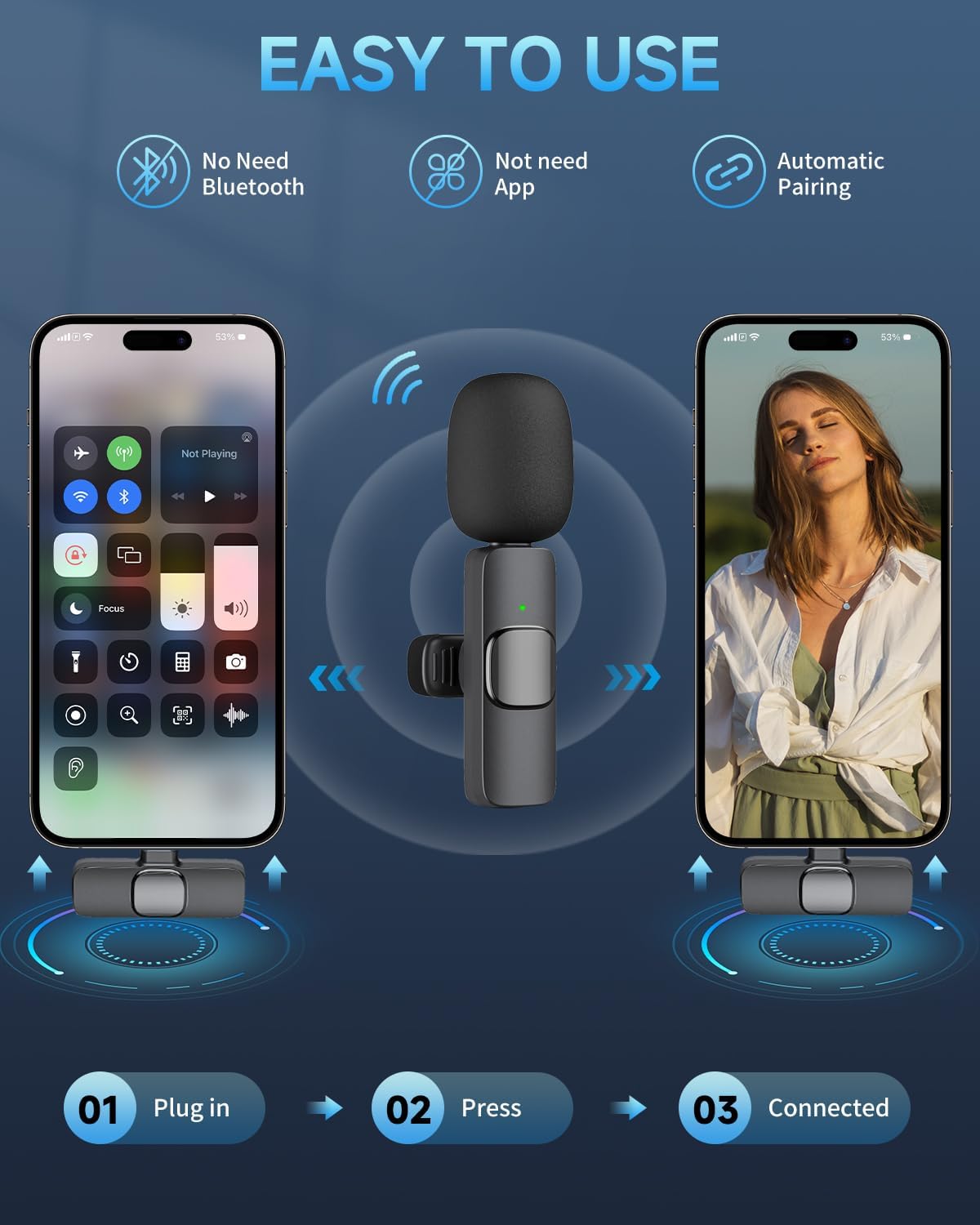 Professional Wireless Mini Microphone for iPhone, iPad, Android Phone, Cordless Omnidirectional Lavalier Lapel Mic, Plug-Play Microphone for Interview Video Podcast Vlog YouTube