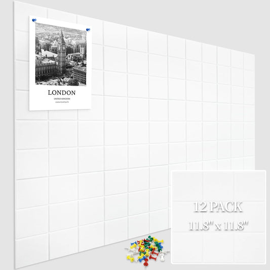 12 Pack Large Cork Board for Walls, 48" X 36" Felt Bulletin Board Tiles with 48 Safe Removable Adhesive Tabs & 60 Push Pin Board Decorative Cork Board Tack Board Wall Organizer for Office - White