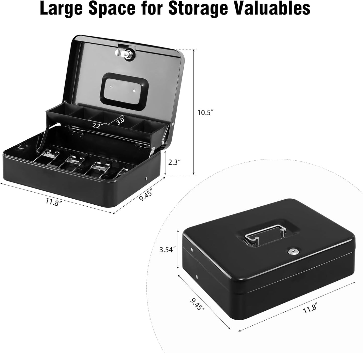 KYODOLED Locking Cash Box with Top Lock,Money Box with Cash Tray,4 Bill/5 Coin Slots,Lock Safe Box with Key,Money Saving Organizer,11.81Lx 9.45Wx 3.54H Inches,Black XL Large