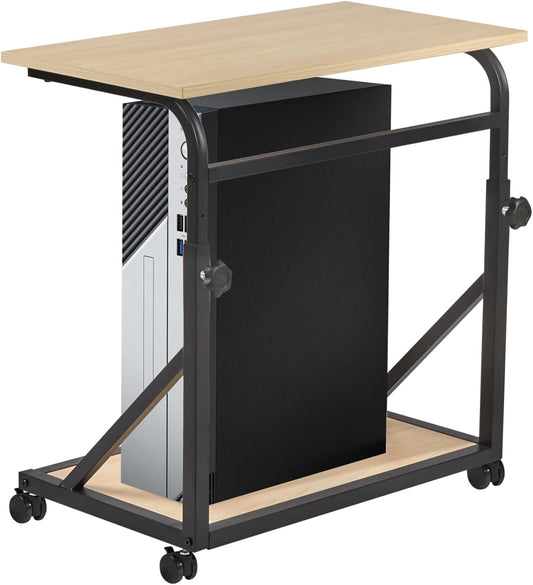 Computer Tower Stand, 2-Tier CPU Stand with Lockable Wheels, Adjustable Height PC Stand for Floor, Mobile PC Laptop Standing Table for Home Office (White Maple)