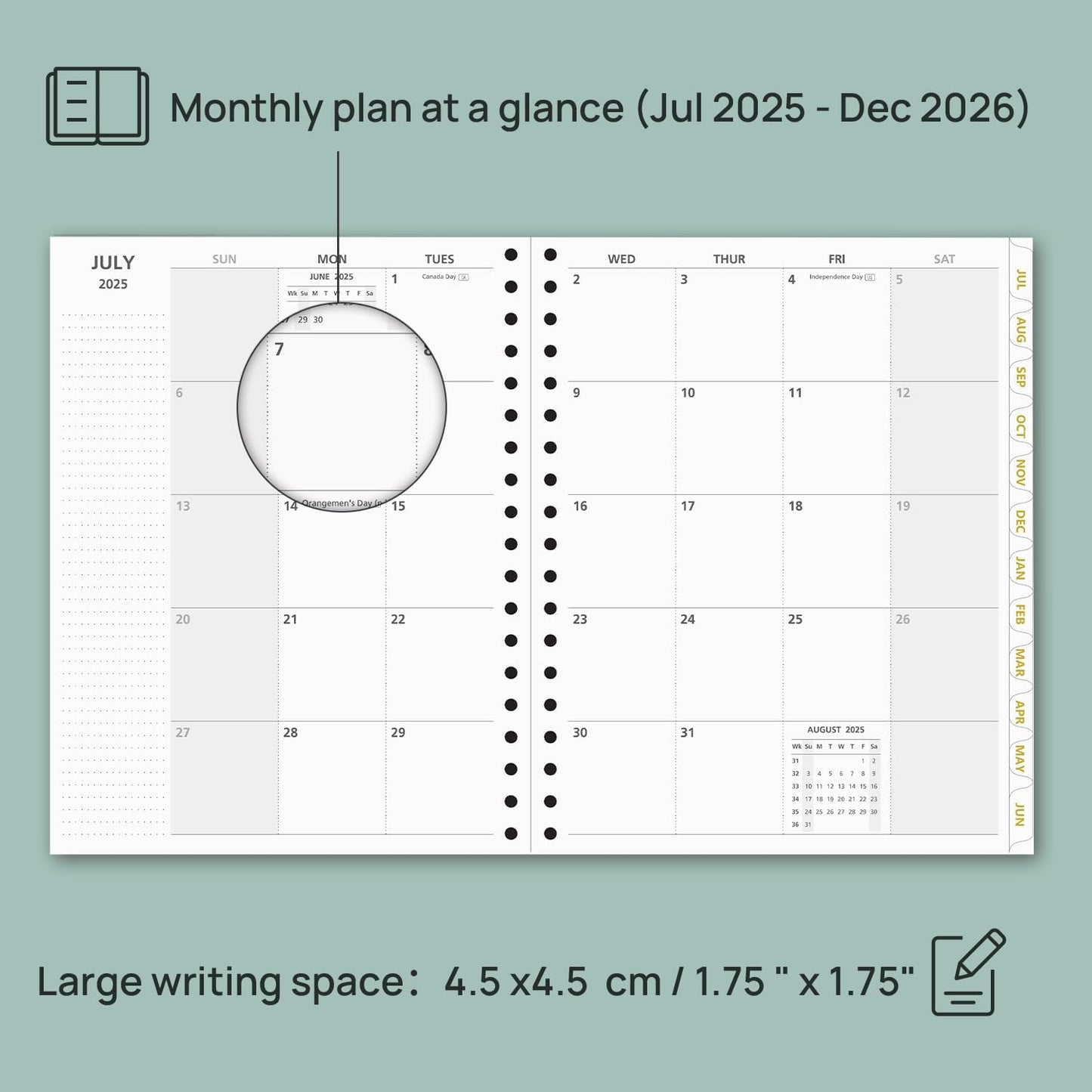POPRUN Monthly Planner 2025-2026 Spiral Hardcover (8'' x 10''), 18 Months Calendar (Jul.2025 - Dec.2026)- 2 Pages per Month with Dotted Note Pages, Sunday Start, Laminated Tab - Haze Blue
