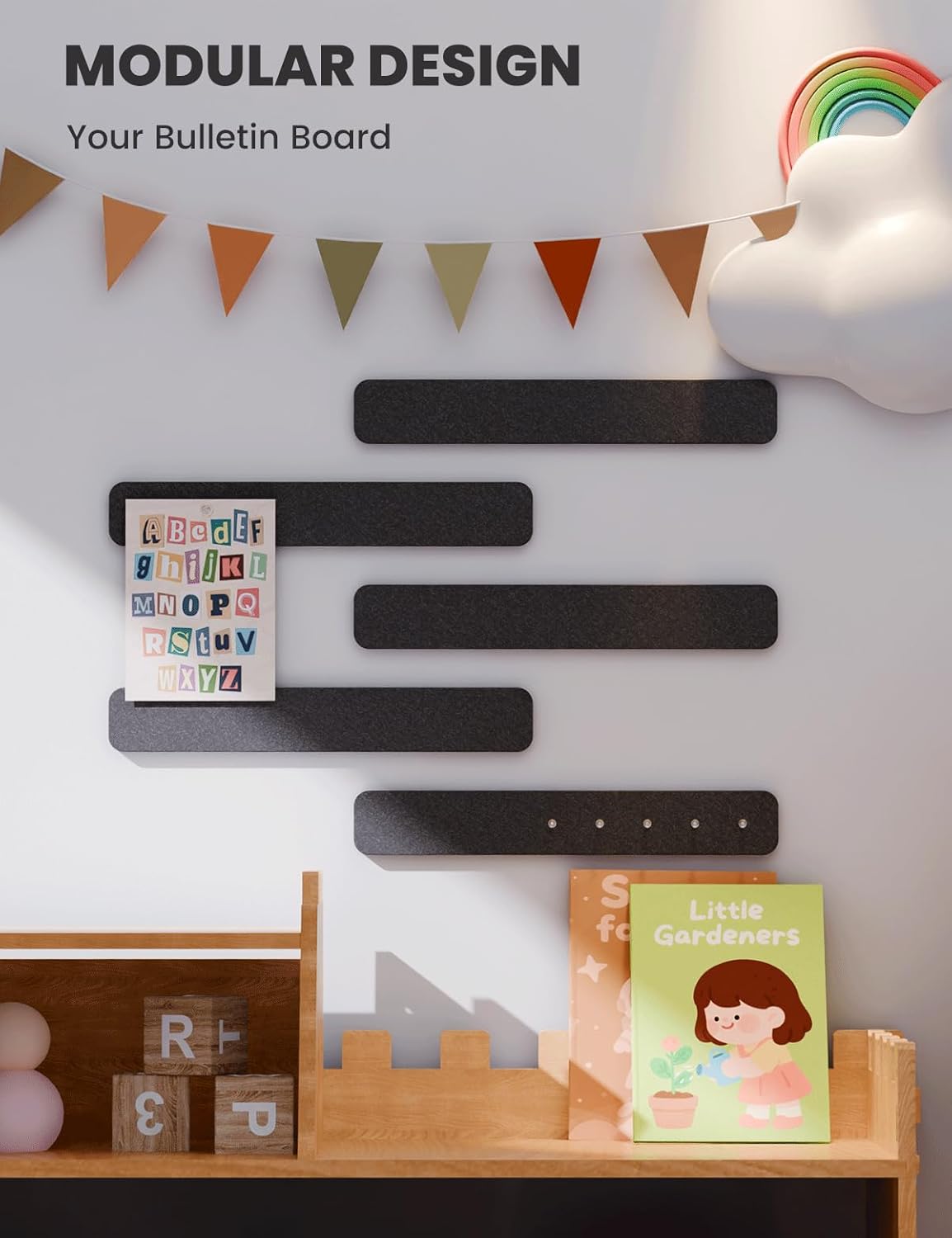 Cork Board Alternative Felt Strip Board 5-Pack 13"x2", Office Pin Board with 35 Push Pins, Adhesive Install for Bedroom Door & Home Office(Black)