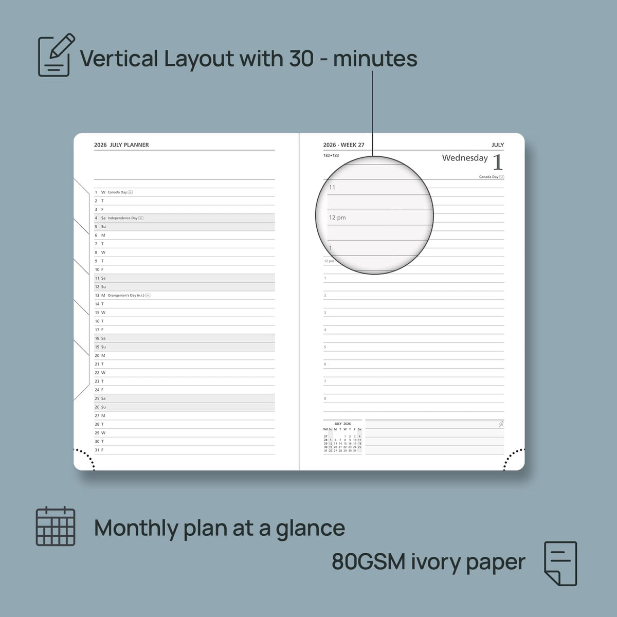 POPRUN 2026 Daily Planner One Page Per Day A5 Size Calendar (5.75" x 8.5") - 12 Months Hourly Appointment Book with Hardcover, Pocket, Pen Holder - Black