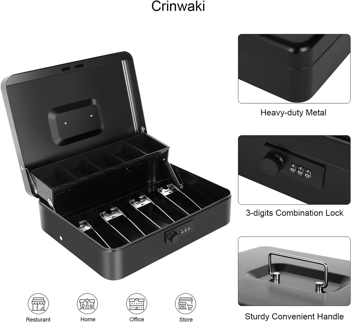 Cash Box with Money Tray and Combination Lock, Large Money Box for Cash Regiser, Safe Lock Box for Money Saving Metal 11.8"x9.45"x3.54" Black XL Large