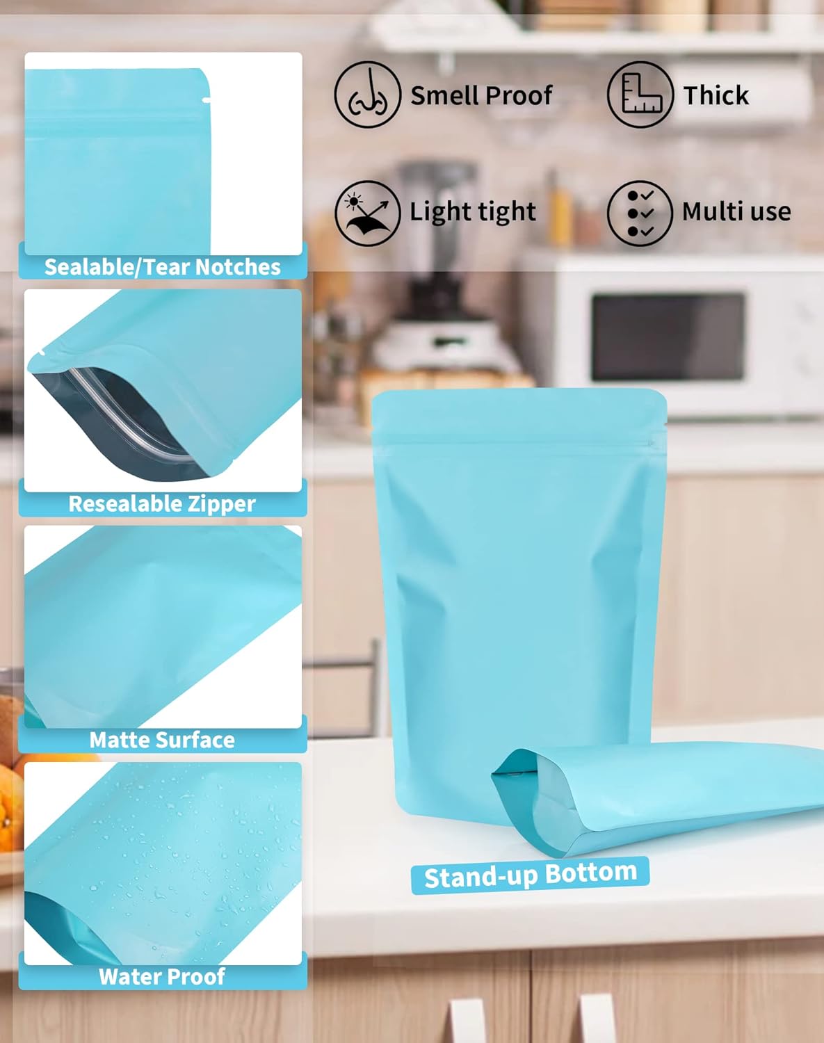 100 Pack Resealable Stand Up Bags,4.7" x 7.9" Smell Proof Pouch Sealable Foil Pouch Bags for Packaging (Blue)