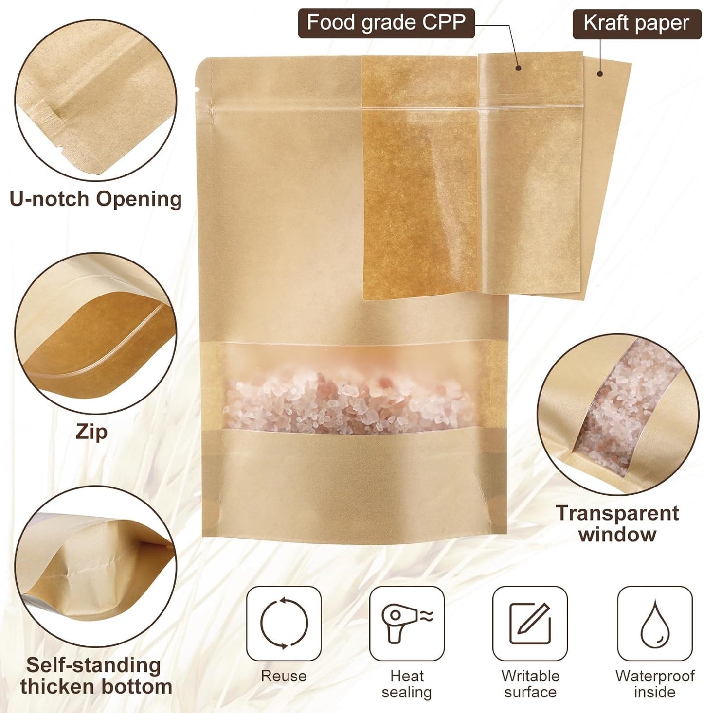 Geosar 300 pcs Kraft Bags with Window 6 x 9 Inch Kraft Stand Pouches Bulk Zipper Paper Pouches Food Storage Reusable Heat Sealable Bags for Packaging Home Office Business