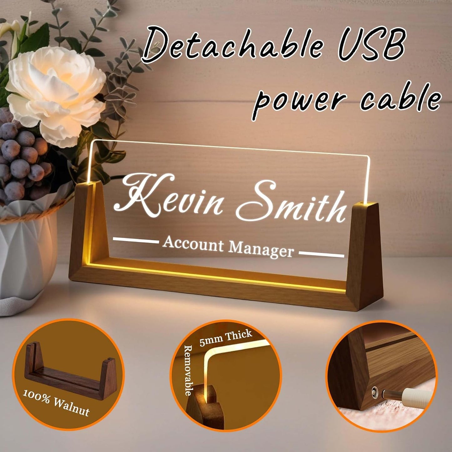Personalized Desk Name Plate with LED Light & Wooden Base, Custom Acrylic Name Sign | Custom Office Decor & Appreciation Gifts for Boss Coworkers, New Job Promotion Gift (Style 4)
