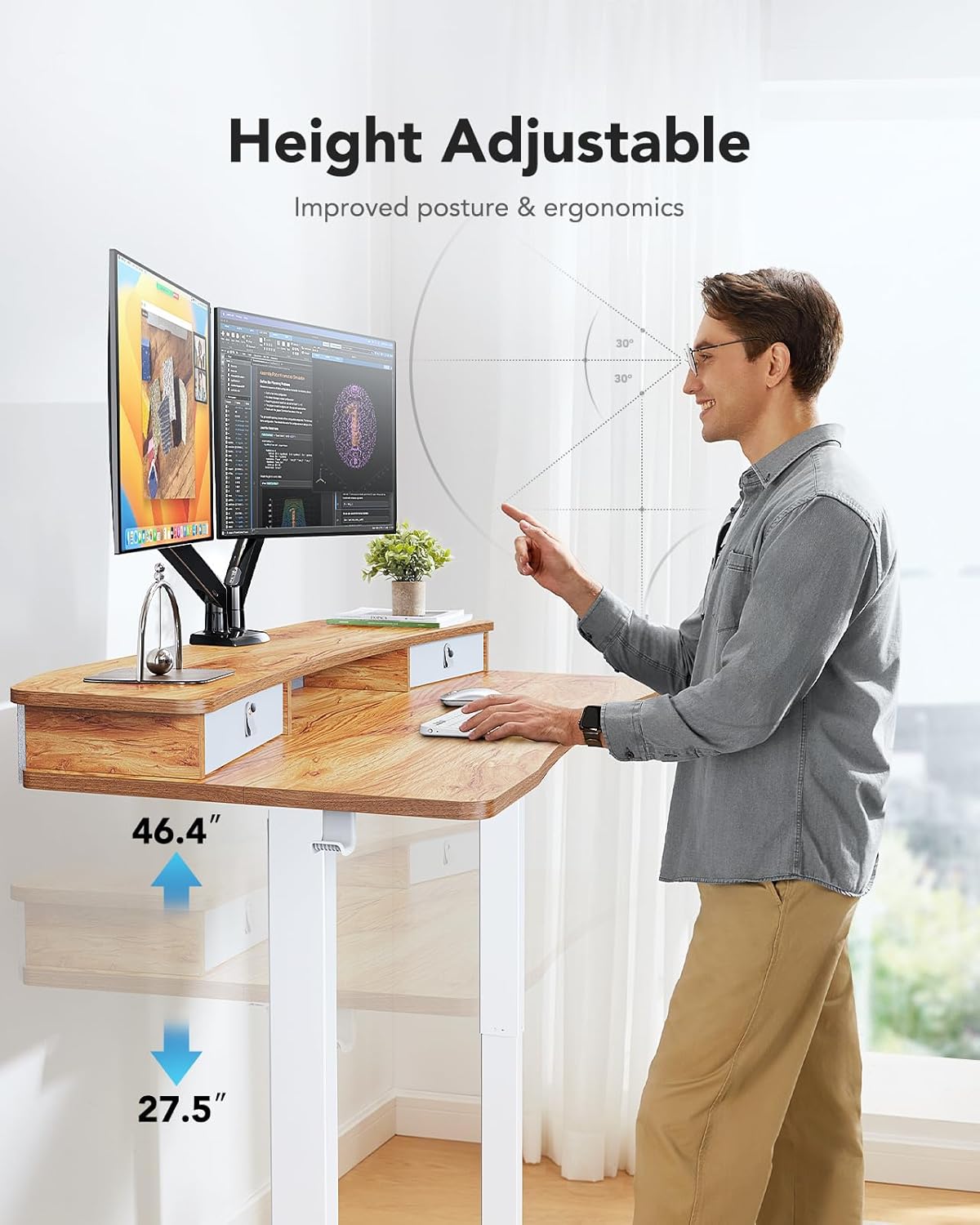 HUANUO 48″ x 24″ Electric Standing Desk with 2 Drawers, C-Clamp Mount Compatible, Height Adjustable Computer Desk, Home Office Stand Up Desk with 4 Preset Heights & 2 Hooks, Light Vintage