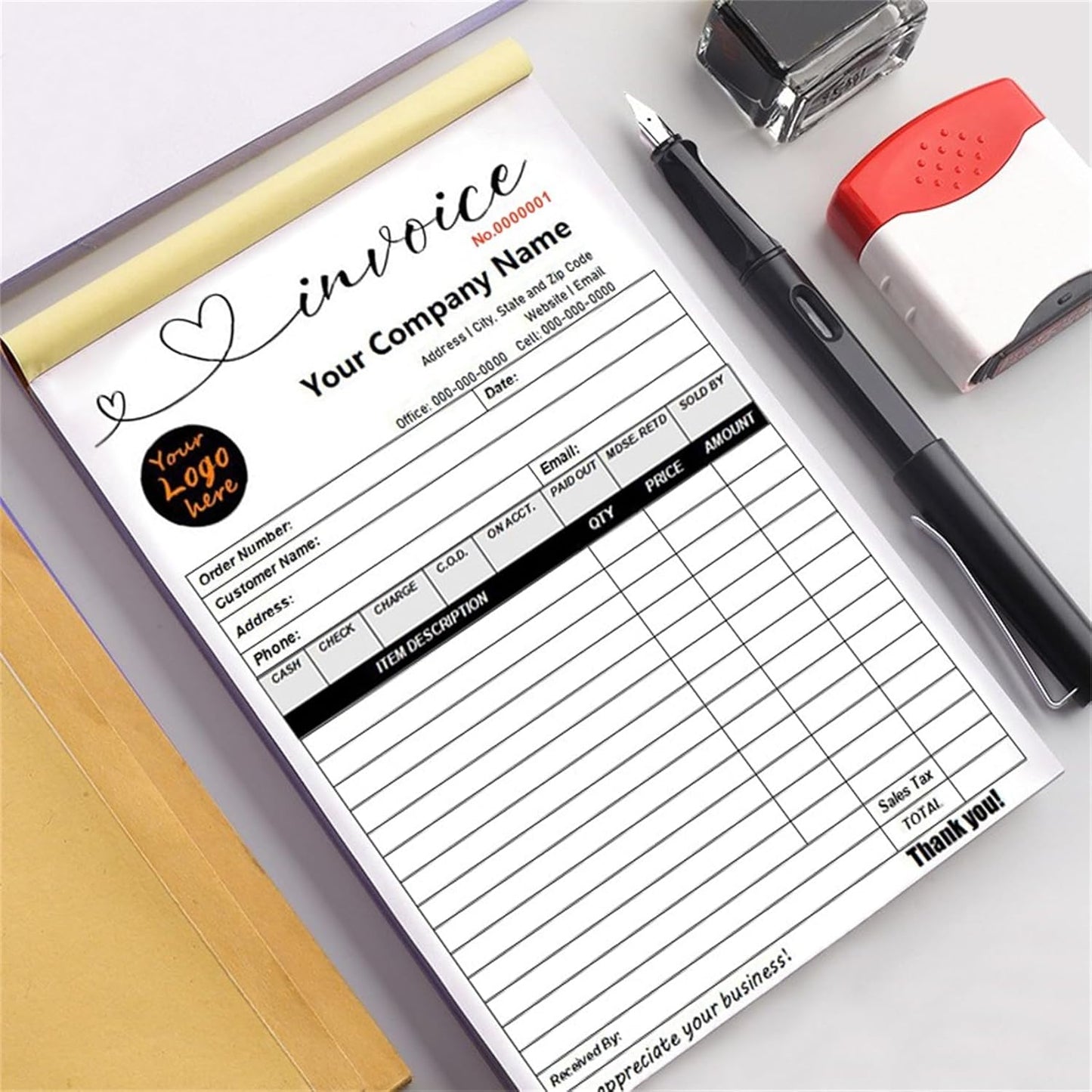 Custom Invoice Book in 3-Part /2-Part Receipt Book with Carbon Copies Personalized Carbonless Service Invoice Form Books Sales Order Book with Company Name Logo Address,F-Invoice Book with Logo