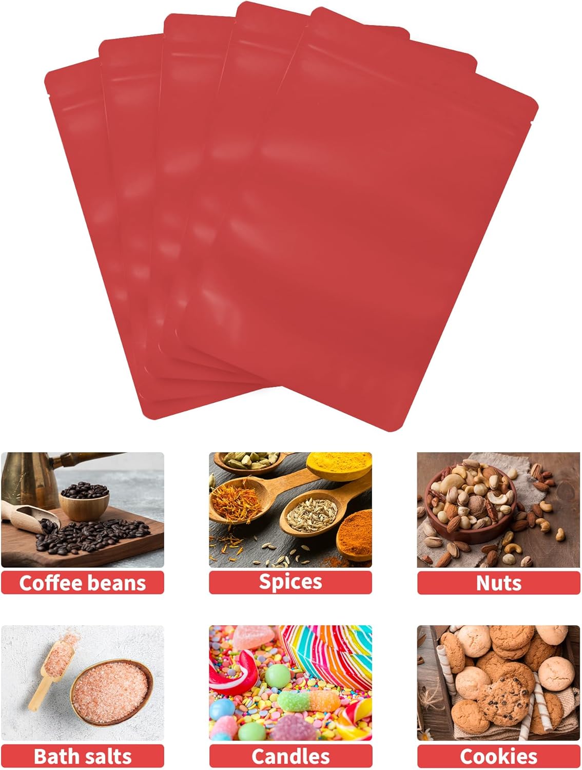 100 Pack Resealable Stand Up Bags,Smell Proof Pouch Sealable Foil Pouch Bags for Packaging (Red, 4" x 6")