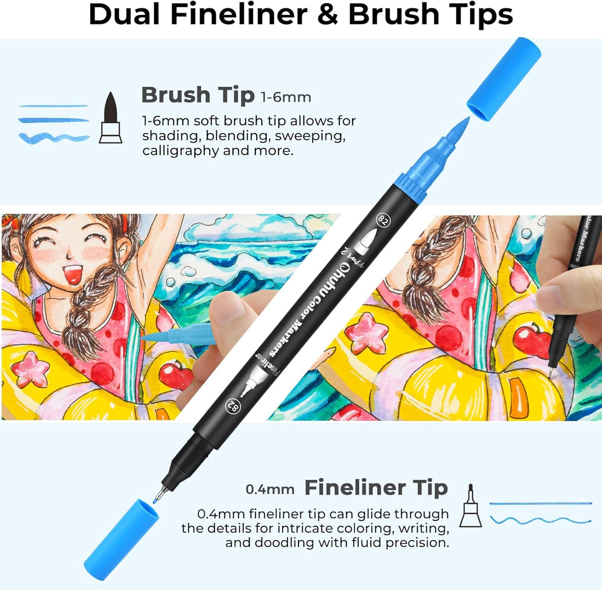 Ohuhu Markers for Adult Coloring Books: 100 Colors Brush Pens Dual Brush Fine Tip Drawing Pens Water-Based Coloring Markers for Calligraphy Bullet Journal with Carrying Case - Maui - Black