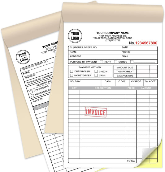 Custom Sales Invoice Personalized Carbonless NCR Forms with Company Name/Logo Personalized Invoice, Receipt Book, Work Sales Purchase Orders, Estimates, Quote Forms 5.5" x 8.5" - 2 Part(100 Sets)