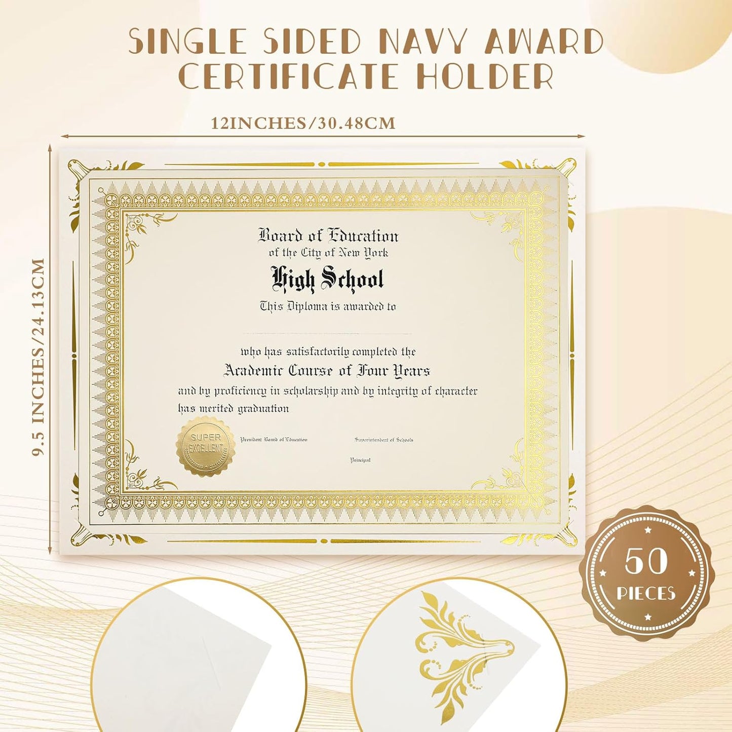 Fainne 50 Sets Certificate Kit Includes 50 Pcs 9.5 x 12 Inch Certificate Holders 50 Pcs Letter Size Papers 50 Pcs Foil Award Seals Diploma Covers for Appreciation(Beige, Gold)