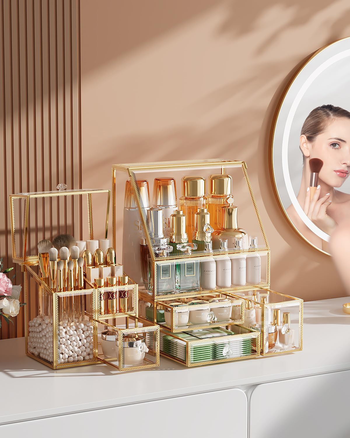 Clear Makeup Organizer with Gold Frame – Countertop Vanity Organizer for Skincare, Lipsticks, Perfume & Brushes – Bathroom Cosmetic Storage Display Box