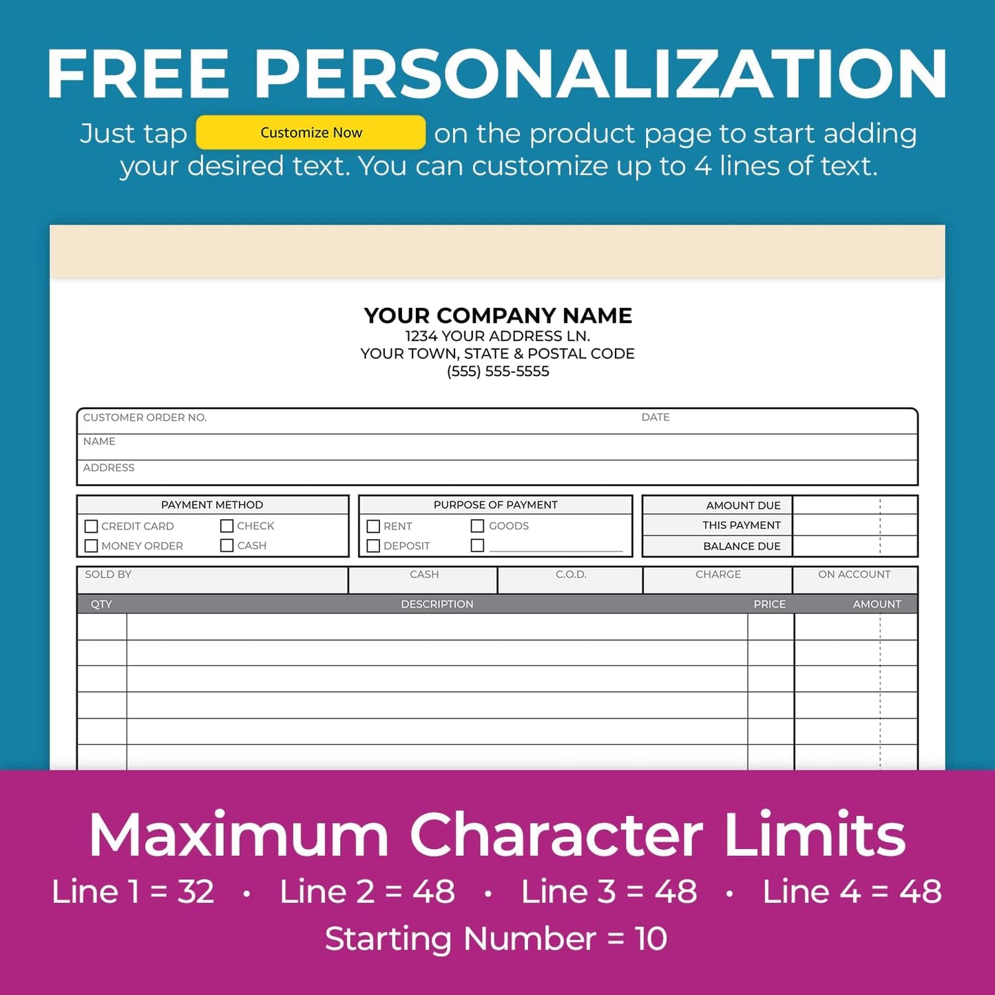 Custom 8.5" x 11" Carbonless NCR Books in 2-Part Duplicate Invoices, Receipts, Work Orders, Sales Orders, Purchase Orders, Estimates, Quote Forms with Your Company/Business Name (100 Sets)