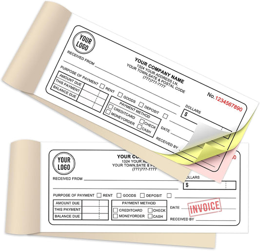 Custom Sales Invoice Personalized Carbonless NCR Forms with Company Name/Logo Personalized Invoice, Receipt Book, Work Sales Purchase Orders, Estimates, Quote Forms 7" x 2.83" - 3 Part(150 Sets)
