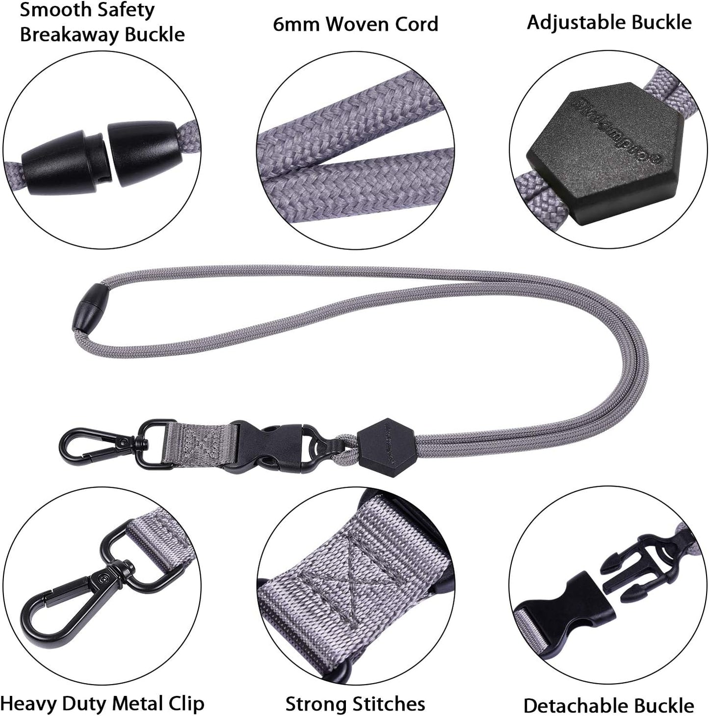 Wisdompro 2 Pack of 23 inch Durable Round Cord Heavy Duty Lanyard with Safety Breakaway Buckle, Detachable Buckle and Metal Hook for ID Card Badge Holder and Keys - Black and Gray