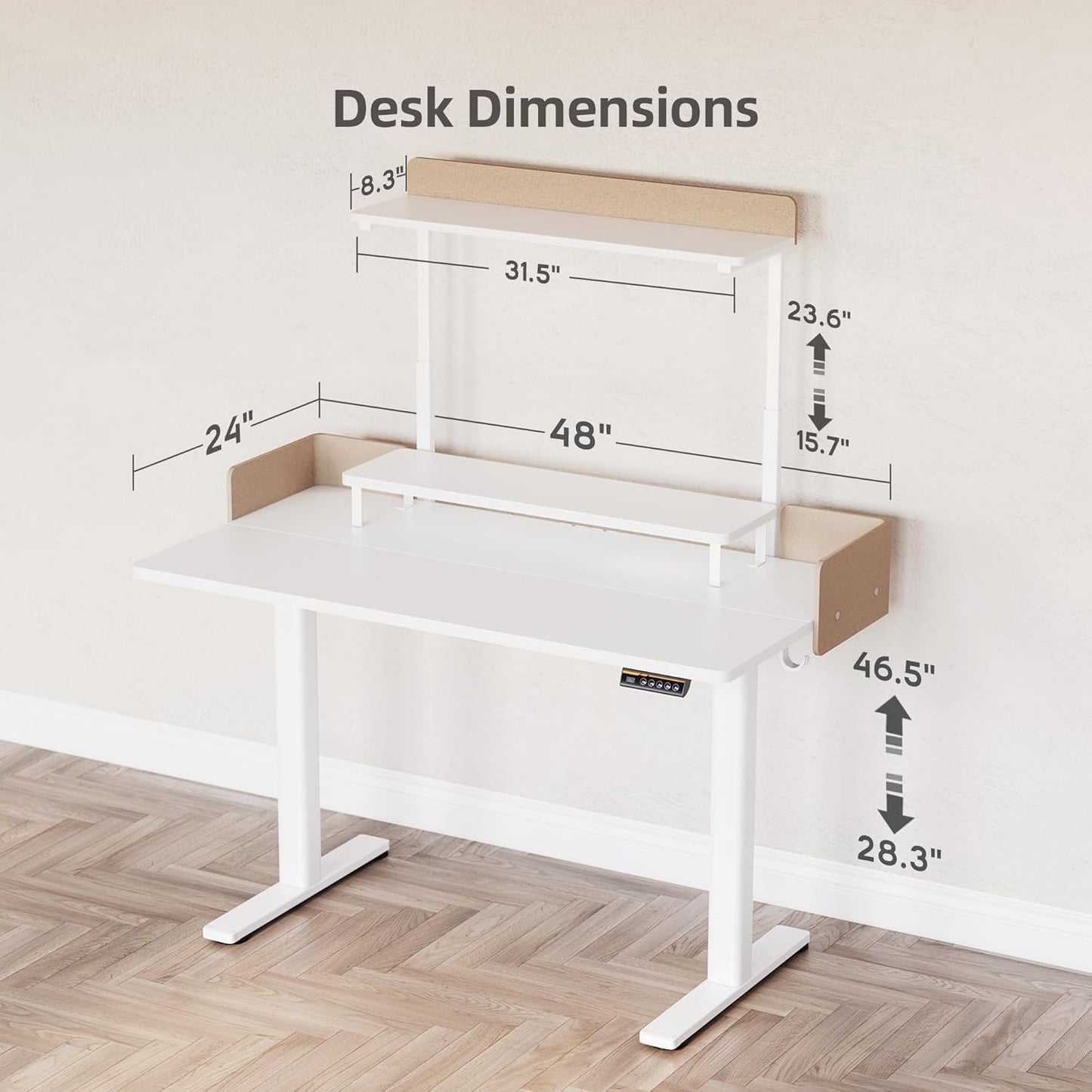 Claiks Electric Standing Desk with Monitor Stand, 48 x 24 Inches Electric Height Adjustable Desk with Removable Shelves, Stand Up Computer Desk Workstation, White