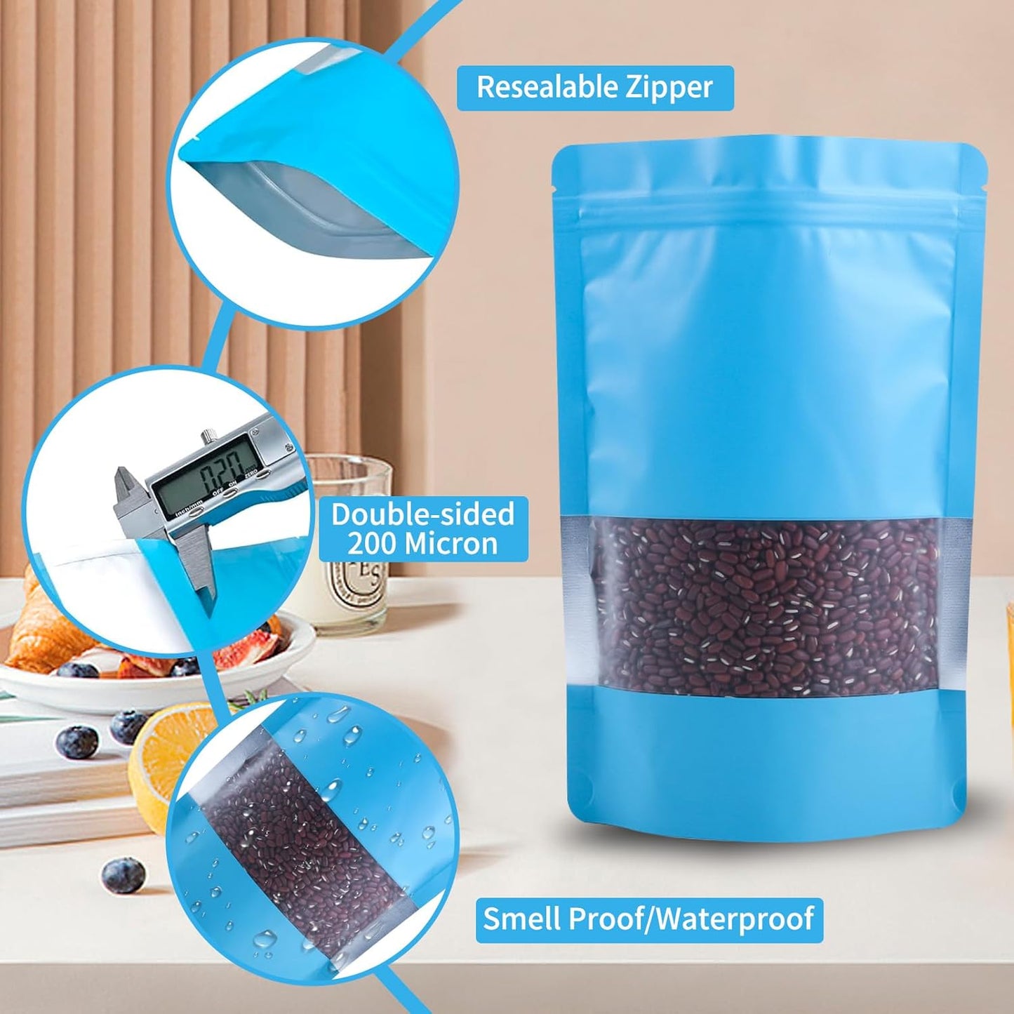 100 Pack Smell Proof Bags, Resealable Blue Mylar Bags with Matte Window, Foil Pouch Stand Up Sealable Bags for Packaging, 3.93 × 5.9 Inch