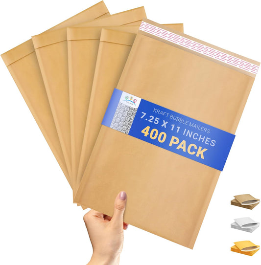 ABC PACK & SUPPLY Brown Kraft Bubble Mailer Envelopes, 7.25 x 11 Inches. 400 Pack Mail Padded Envelopes Self Seal. Kraft Bubble Mailers. Tear-Resistant Mailing Envelope Padded. Sturdy Paper Mailer