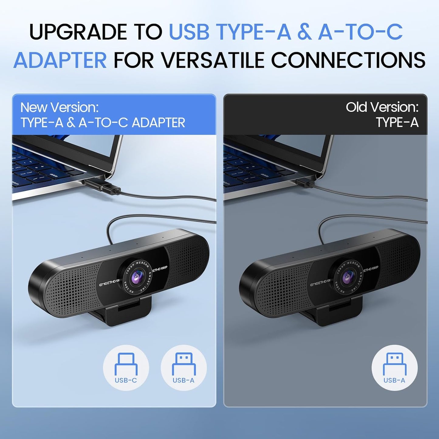 EMEET 1080P Webcam with Microphone, C960 Web Cam, 2 Mics, 90° FOV, USB Type-A & A-to-C Adapter, Plug&Play Computer Camera for Online Calling, Zoom/Teams/Facetime, Switch 2 Camera Support, 2025 Version