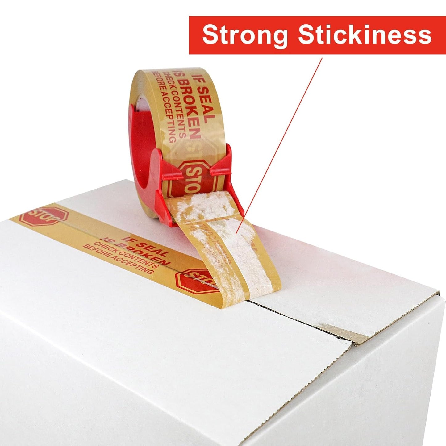 Stop Sign Sealing Tape Pre-Printed IF Seal is Broken,Check Contents Before Accepting,Heavy Duty Packing Tape with Dispenser 2 Inch x 110 Yards,Packaging Tape for Moving and Shipping (Brown)