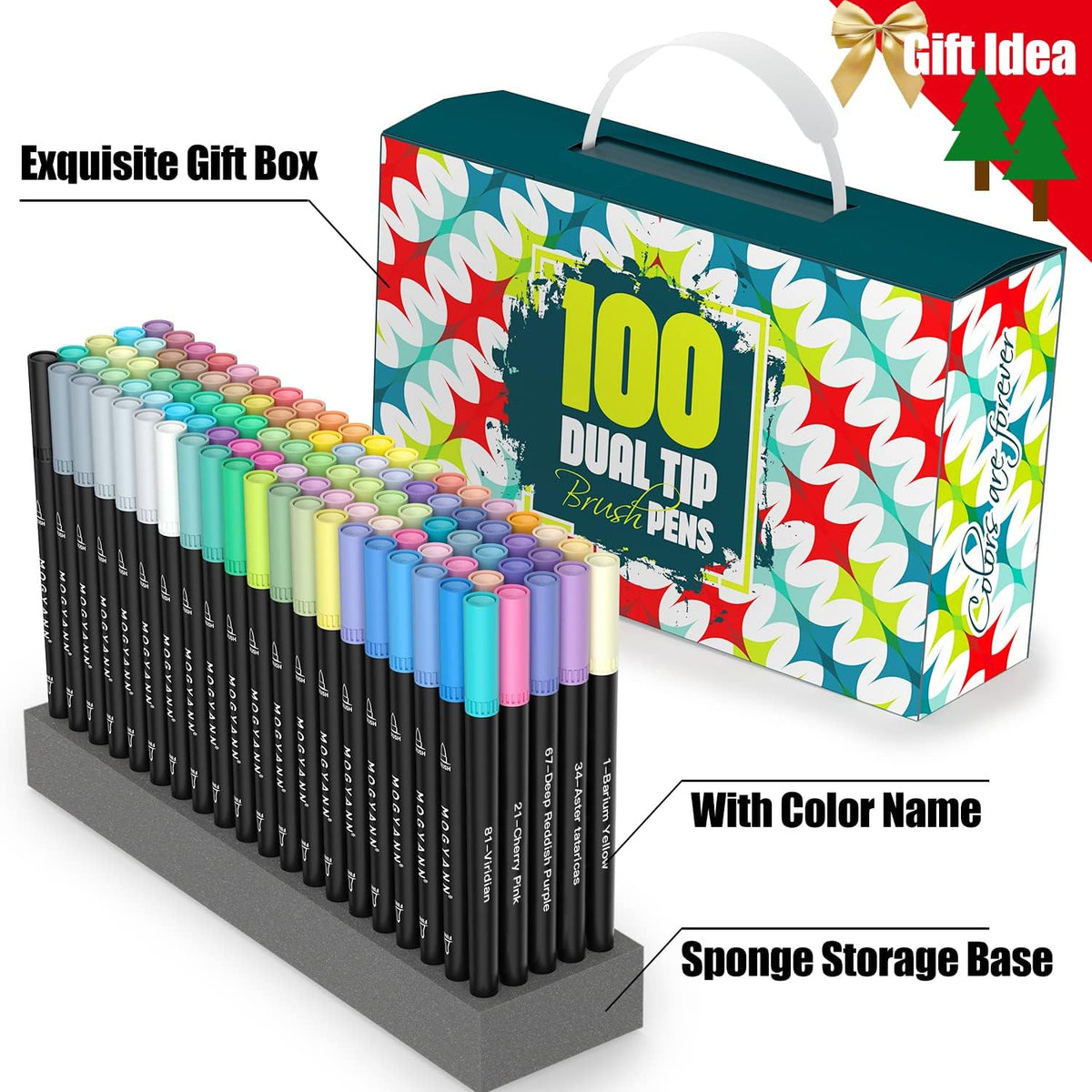 Mogyann Markers for Adult 100 Colors Dual Tip Pens with Fine and Brush Tip for Coloring and Calligraphy Drawing