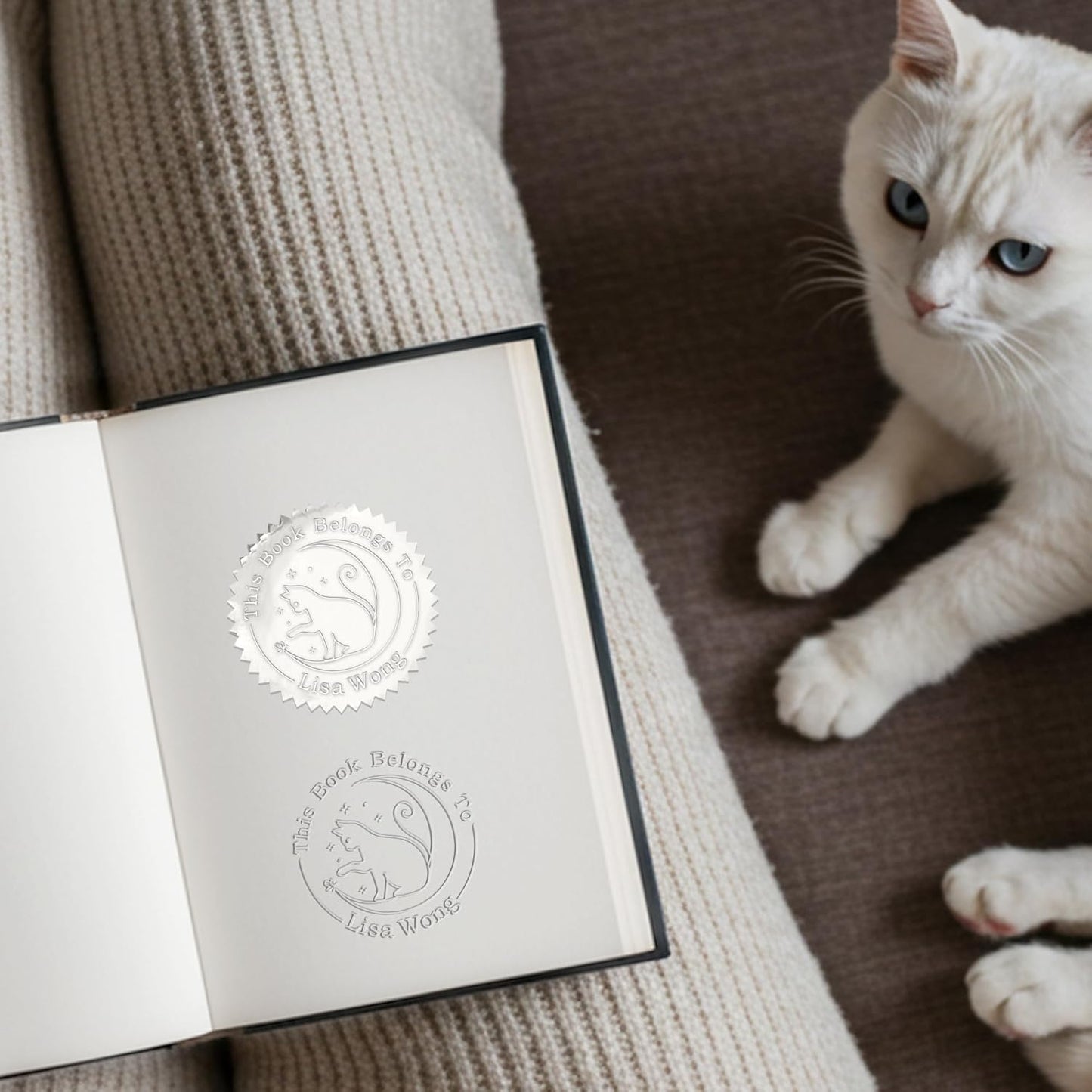 Cat Moon Book Embosser Custom Embosser Stamp with Your Name and Cute Kitty Personalized Library Embosser Stamp Customized Books Business Cards Paper Documents Notebooks etc. (Cute Cat - 03)