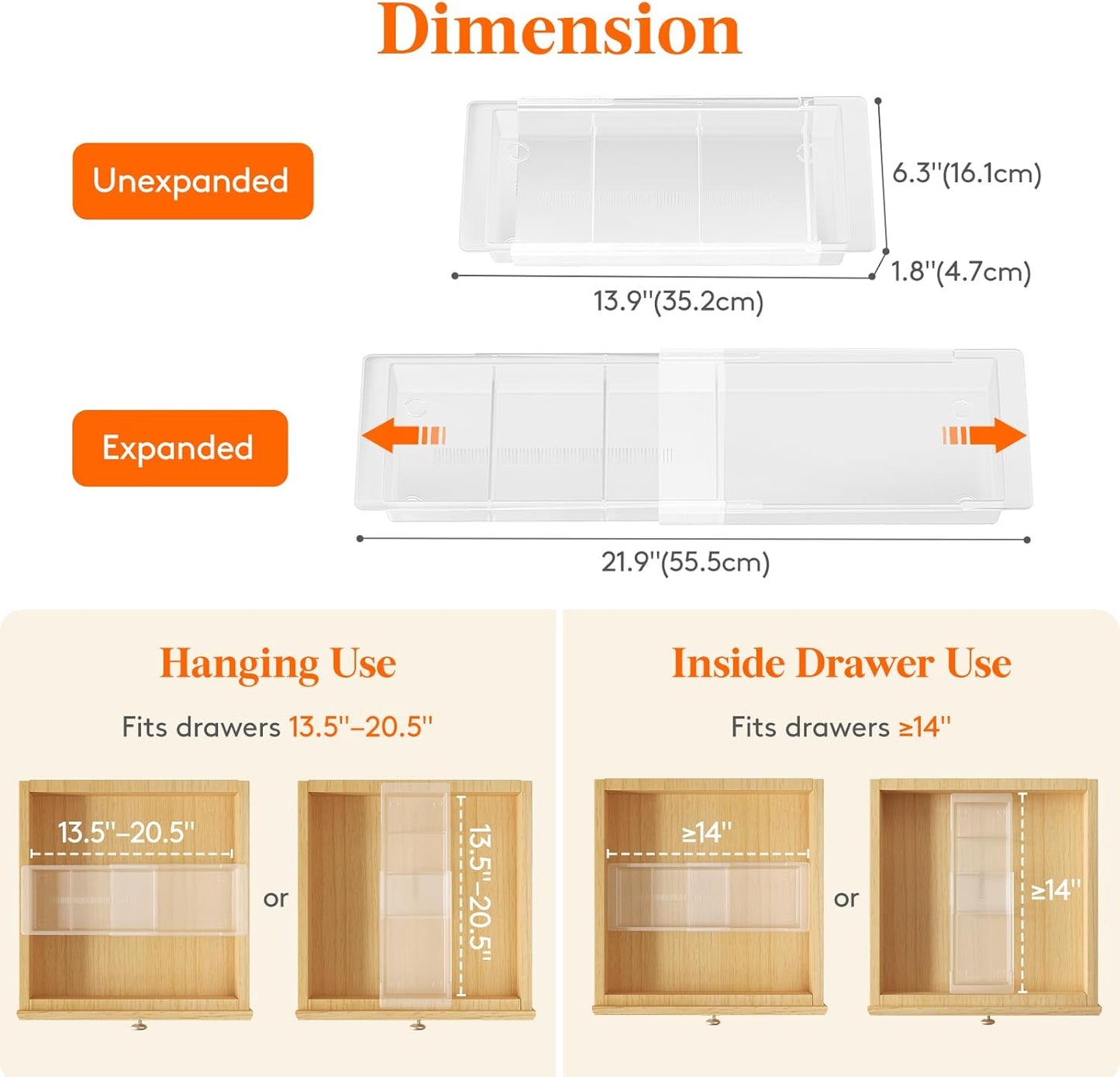 Lifewit 2 Pack Sliding Makeup Drawer Organizer Trays with Inserts, Extendable Hanging Desk Drawer Divider, Fits 13-20" Deep Drawers for Vanity, Office, Kitchen, Translucent