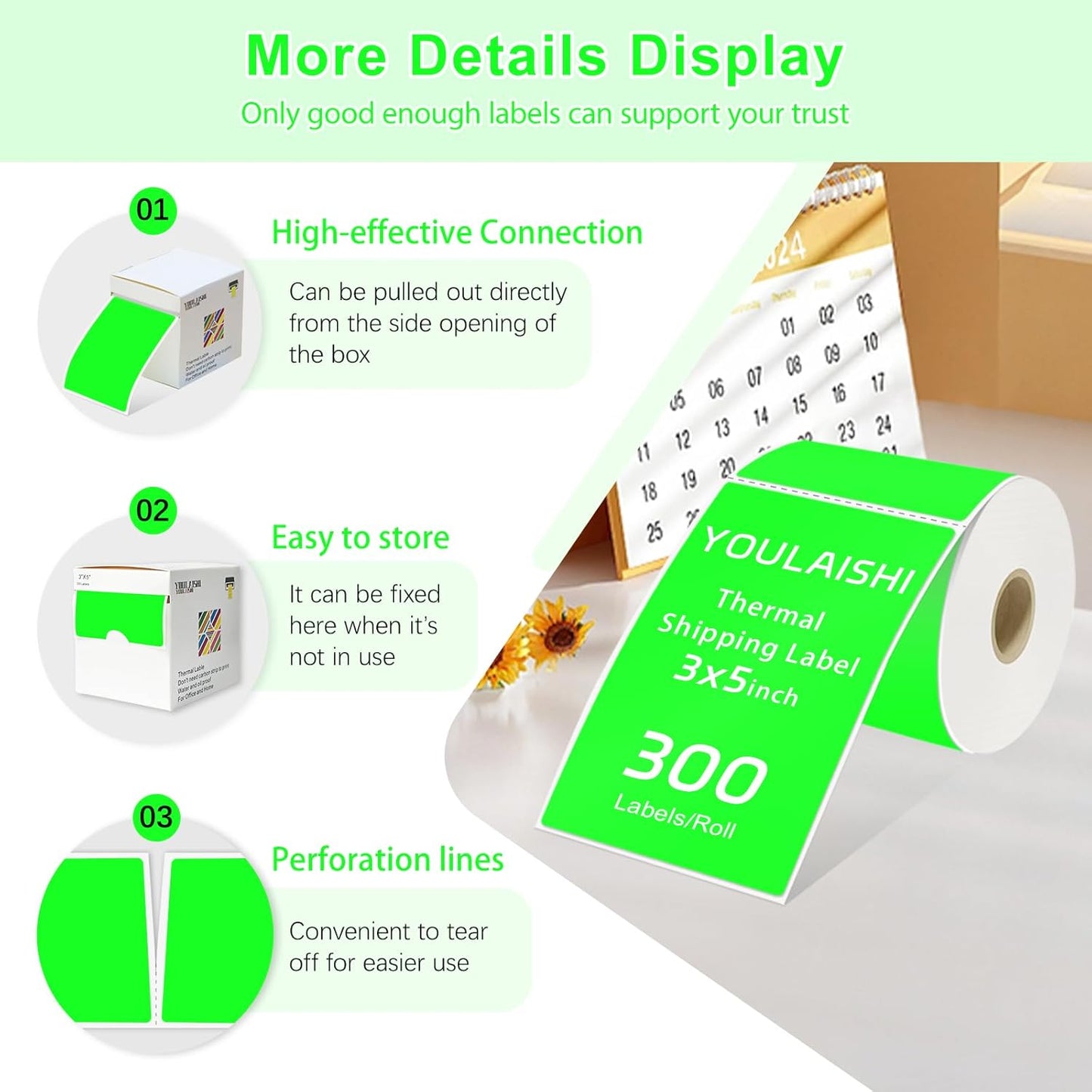 3 X 5 Inch Printable Waterproof Rectangle Color Coding Labels, 300 Per Roll Adhesive Color Coding Stickers for Bar-Codes, Address, Small Business Labeling, Inventory, Fluorescent Green