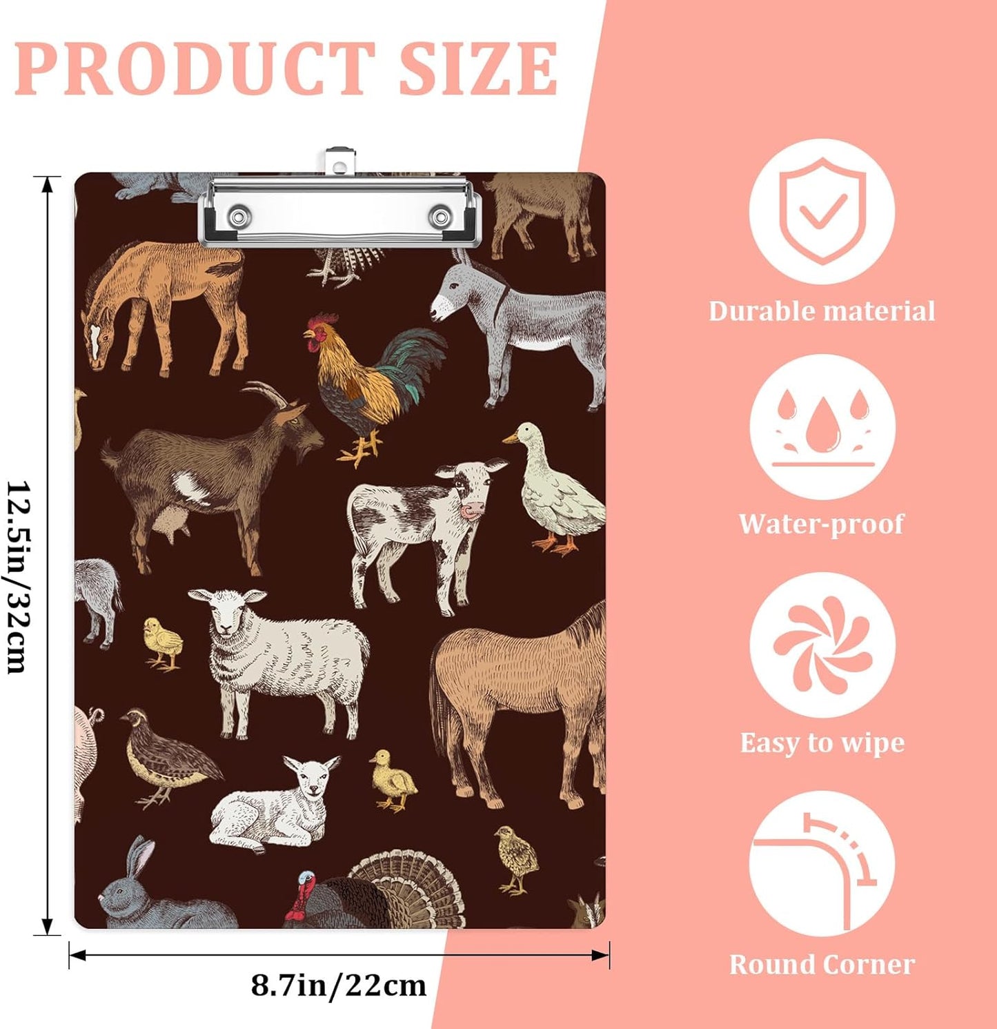 Cute Farm Animals Plastic Clipboards,Cute Fashion Clipboard Decorative 8.5" x 12.5"Standard A4 Size Clipboards,Acrylic Clipboard for Teacher,Social Worker,Students,Nurse,Office Supplies