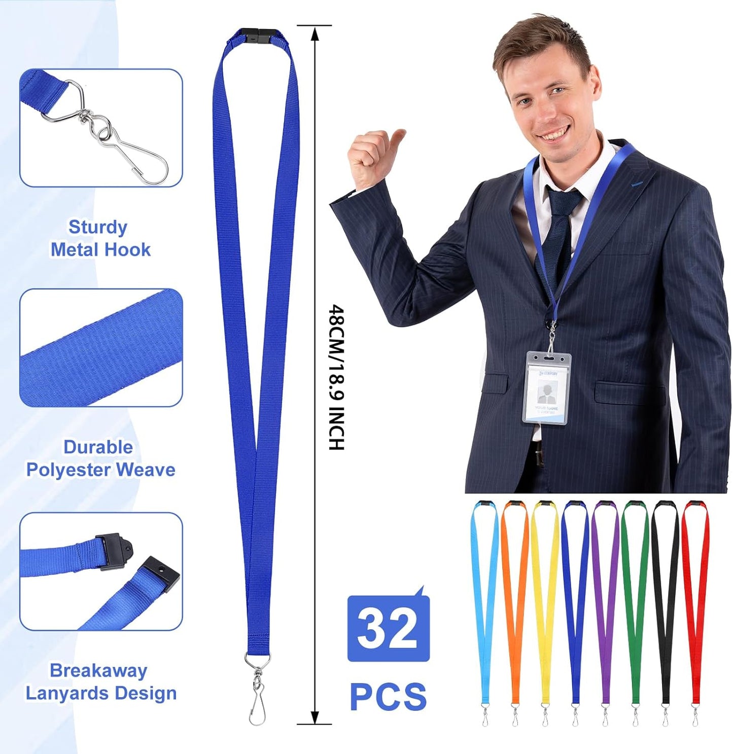 Prudiut 32 Pcs Breakaway Lanyards - 8 Color Breakaway Lanyards with Swivel J Hook for Id Badges and Keys