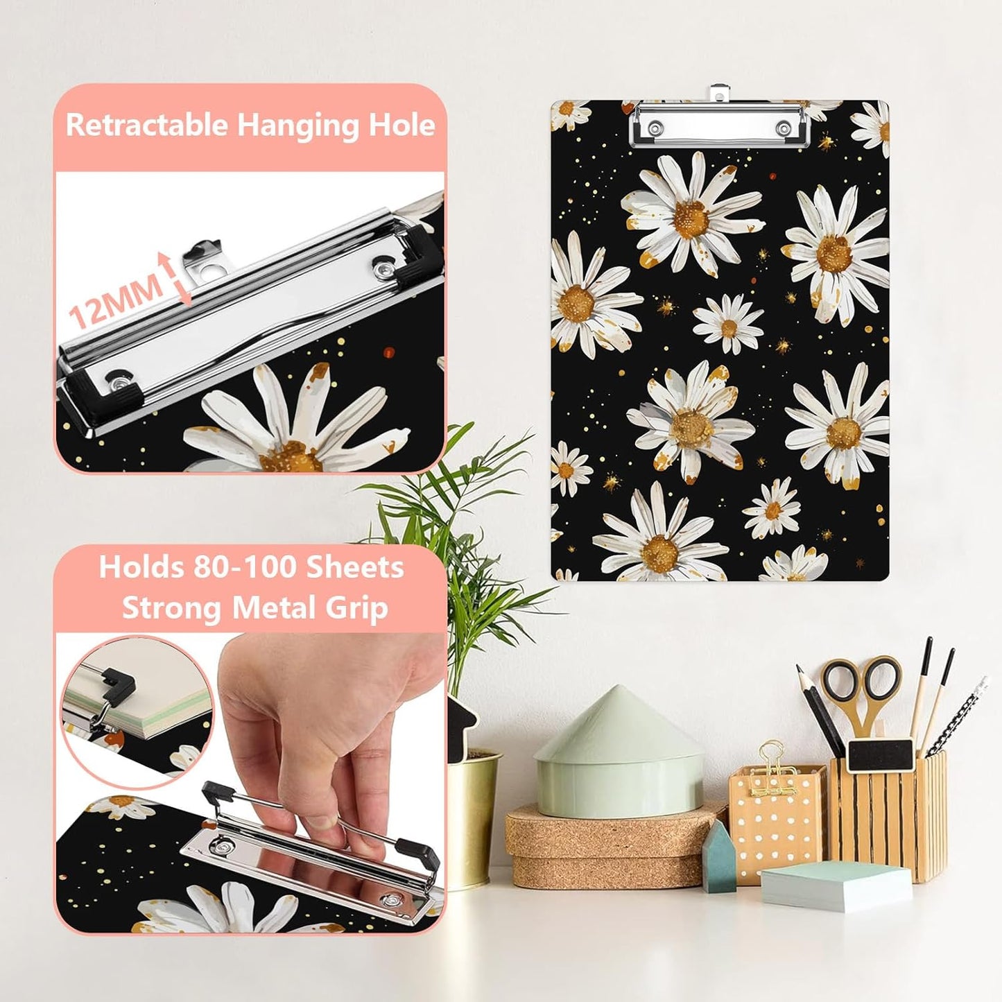 White Daisy Plastic Clipboards,Cute Fashion Clipboard Decorative 8.5" x 12.5"Standard A4 Size Clipboards,Acrylic Clipboard for Teacher,Social Worker,Students,Nurse,Office Supplies