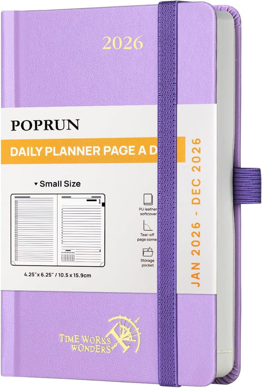 POPRUN 2026 Daily Planner One Page Per Day A6 Size Calendar (4.25" x 6.25") - 12 Months Hourly Appointment Book with Hardcover, Monthly Tabs, Inner Pocket, Pen Holder - Violet