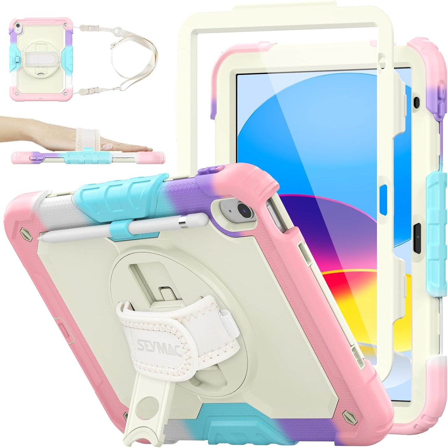 SEYMAC stock Case for iPad (A16) 11th/10th Generation 11''/10.9'' 2025/2022, Full-Body Drop Protection Case with Screen Protector &360° Rotate Hand Strap/Stand, Yellowish+Pink