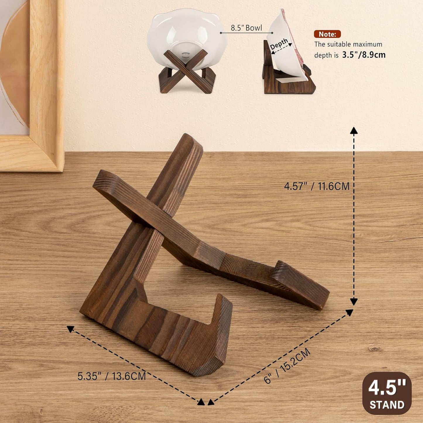 Bowl Stands for Display, 4.5 Inch Plate Holder, Wooden Easel Frame Holder, Display Stand for Large Deep Platters and Dishes, 4.5" H x 6" W x 5.4" D (For Bowls under 3.5" in Depth)