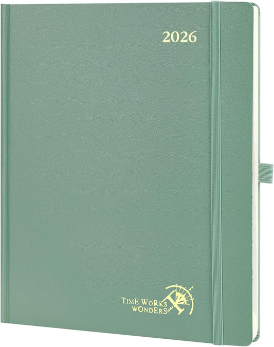 POPRUN 2026 Planner (Large Size 8.5''x 10.5'' Hardcover) - Daily Weekly and Monthly Calendar Agenda 2026 Appointment Book with Hourly Time Slots, Monthly Tabs, 100 GSM - Midnight Green