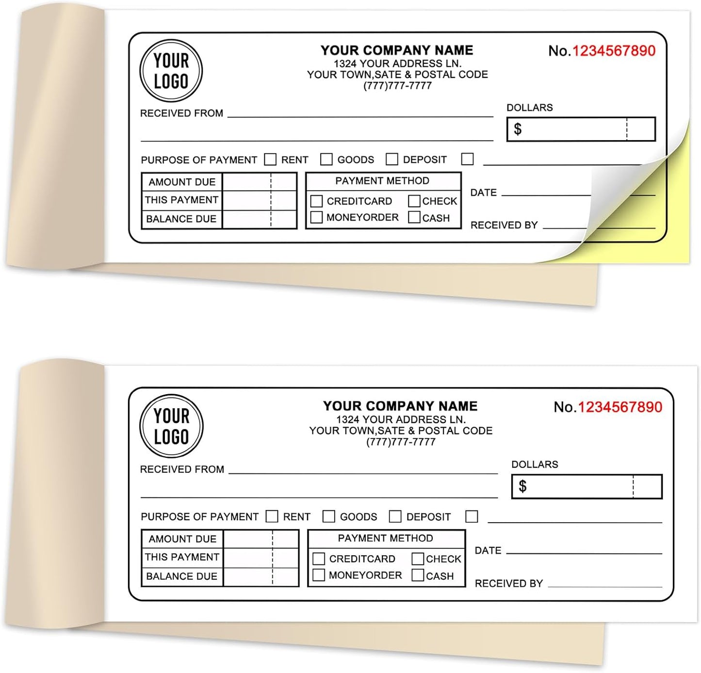 Custom 2.83" x 7" Invoices Receipts Carbonless Books in 2-Part Duplicate Personalized Company Address Name Phone Number 100 Sets