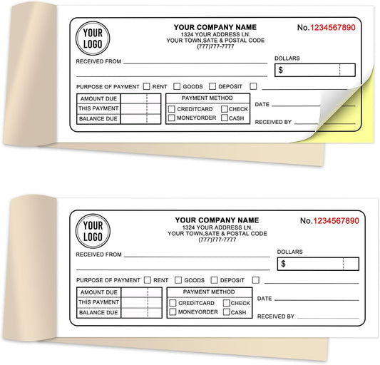 Custom 2.83" x 7" Invoices Receipts Carbonless Books in 2-Part Duplicate Personalized Company Address Name Phone Number 100 Sets