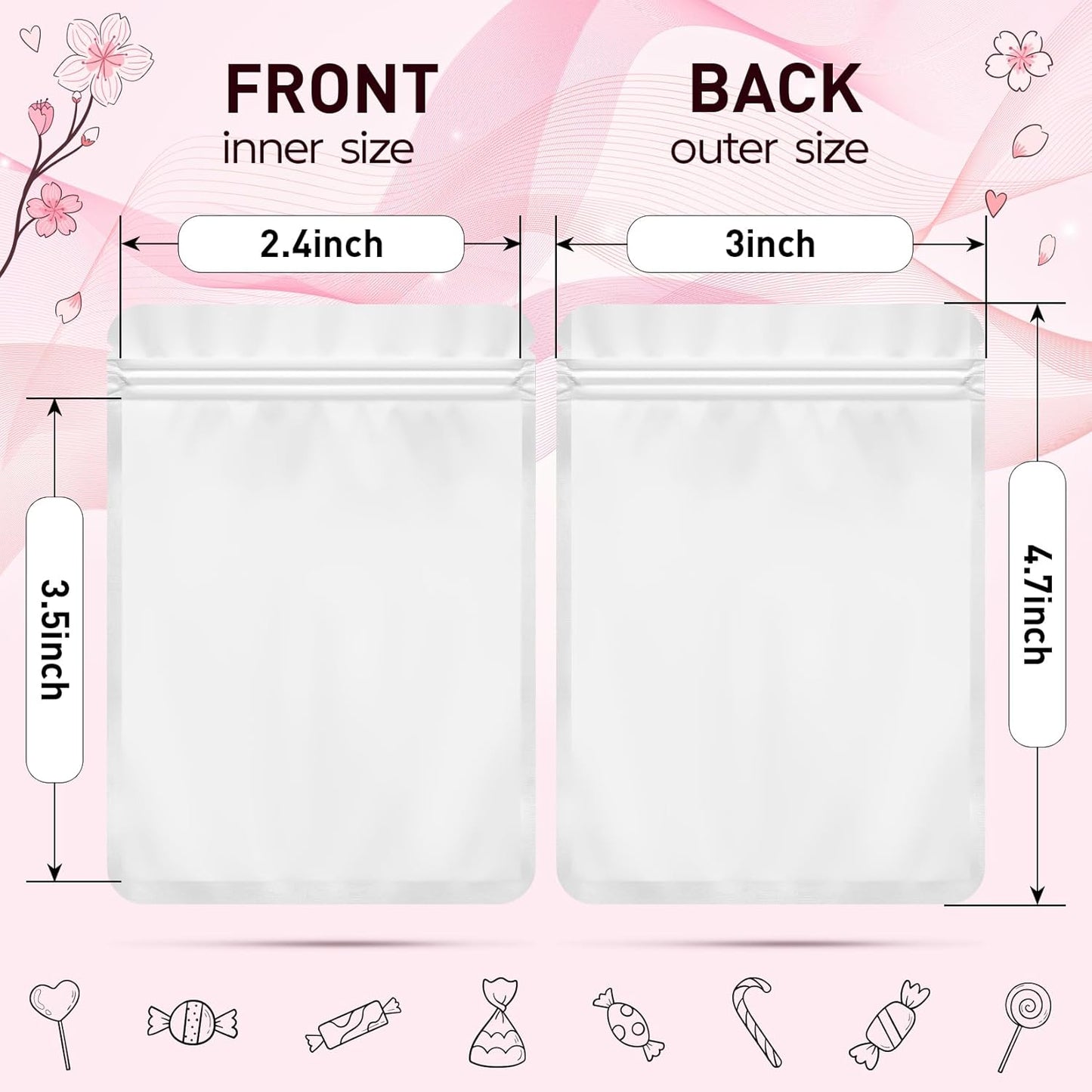 Funfery 100 Pack White Mylar Packaging Bags Resealable Bags Double Sided Color Odor Proof Pouch Baggies Smell Proof Foil Bag for Food Storage,Small Business(White,3x4inch)