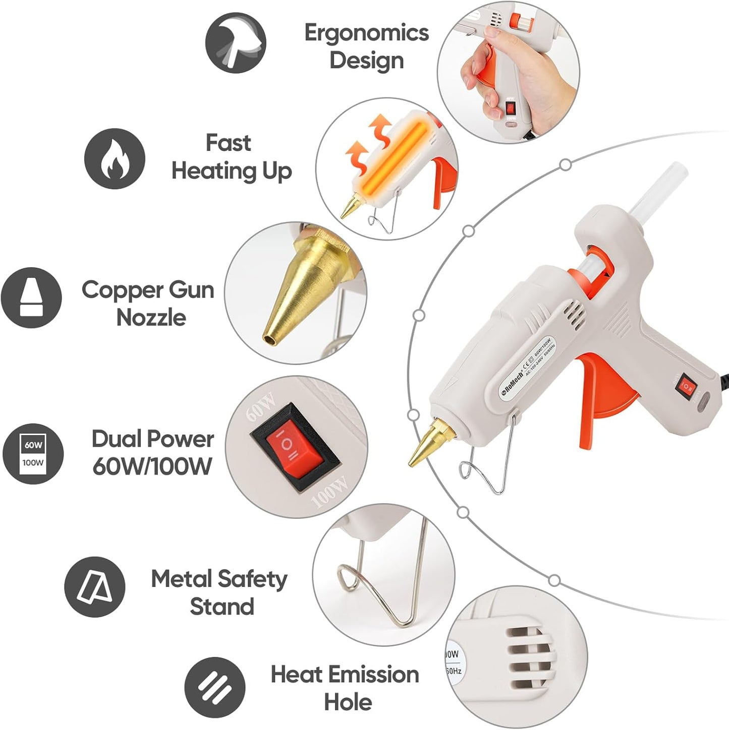 ROMECH Full Size Hot Glue Gun with 60/100W Dual Power and 21 Hot Glue Sticks (7/16"), Fast Preheating Heavy Duty Industrial Gluegun with Storage Case for Crafting, DIY and Repairs (White)