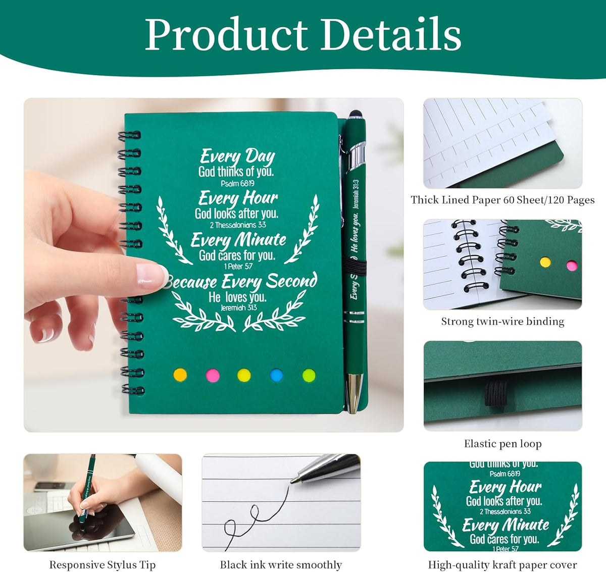 60 Pcs Bulk Fathers Day Christian Gifts Prayer Journal for Woman - 30 Set Religious Notepad with Christian Pen - Bible Notebook - Church Gifts for Inspirational, Bible Study, Devotions ( Green )