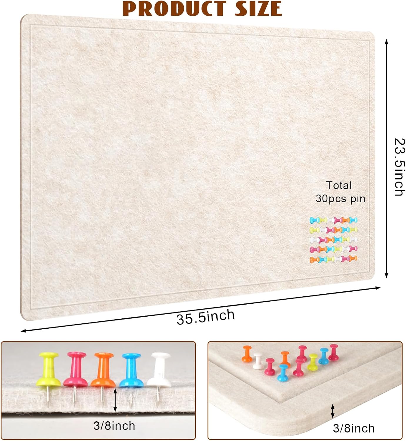Bulletin Board, 36 X 24 inches Cork Board with 20 Pushpin, Felt Cork Board Notice Pin Board, Self-Adhesive Vision Board Mood Board Foldable Photo Board for Wall - Oatmeal
