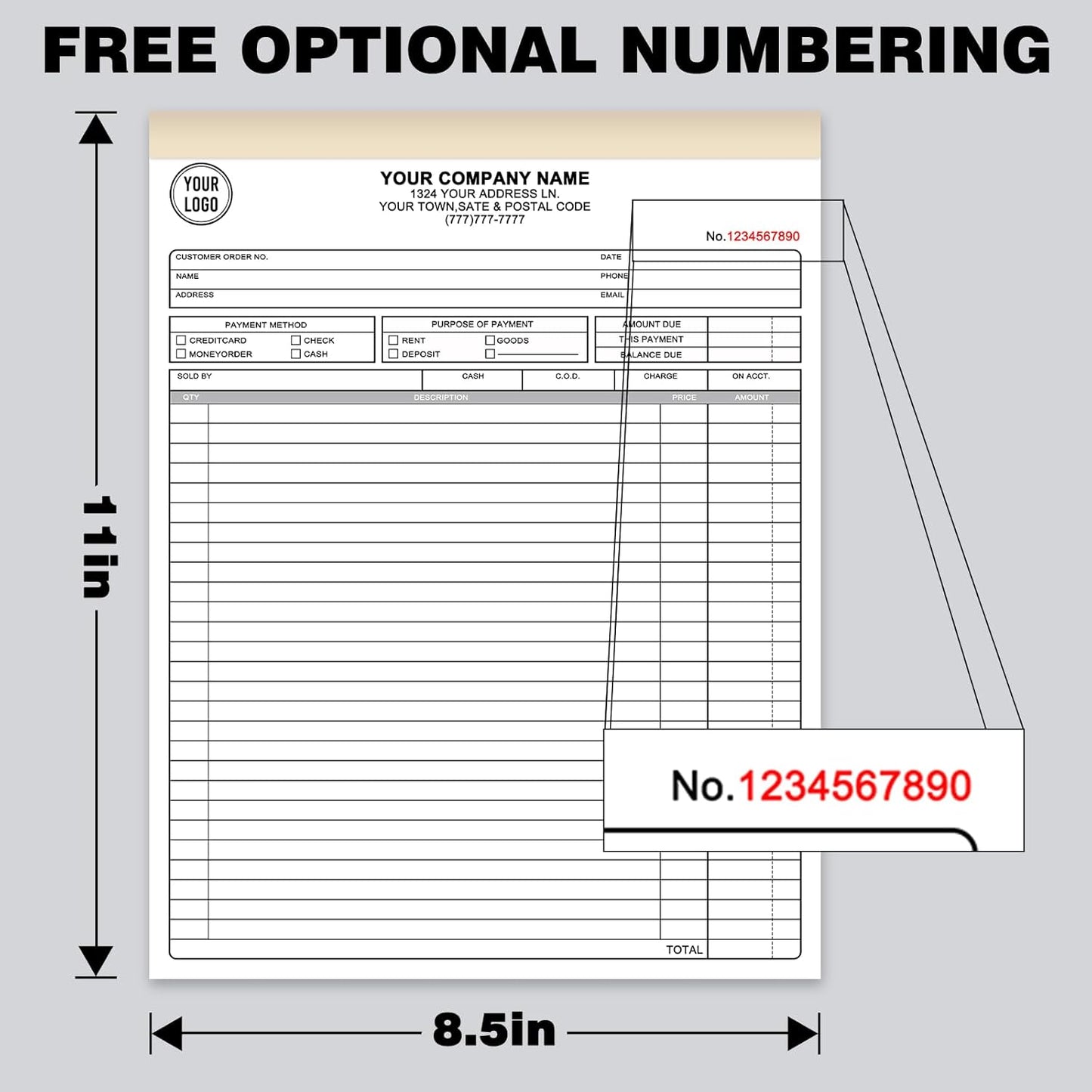 Custom Sales Invoice Personalized Carbonless NCR Forms with Company Name/Logo Personalized Invoice, Receipt Book, Work Sales Purchase Orders, Estimates, Quote Forms 8.5" x 11" - 2 Part(100 Sets)