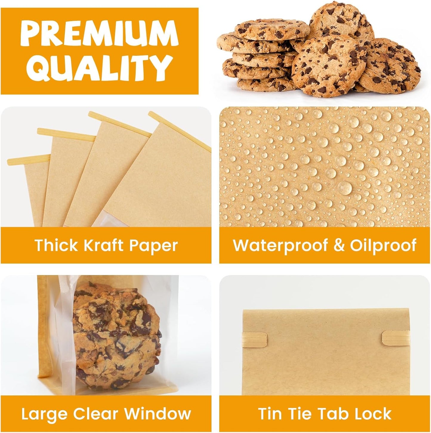 100 Pack Small Bakery Bags with Window, 3.9x3.1x8.2 Inches Tin Tie Tab Lock Cookie Packaging Bag Resealable Paper Treat Bags for Homemade Granola, Popcorn, Candies, Goodies